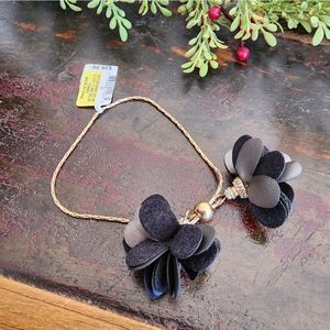 Gray and black leather flowers with gold and CZ, slider bracelet